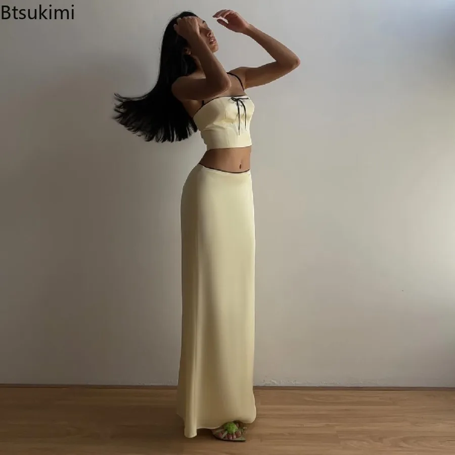 New Summer Sexy Camis Skirt Two Piece Set Women Sleeveless Crop Top and High Waist Skirt Solid Slim Club Party Streetwear Suit