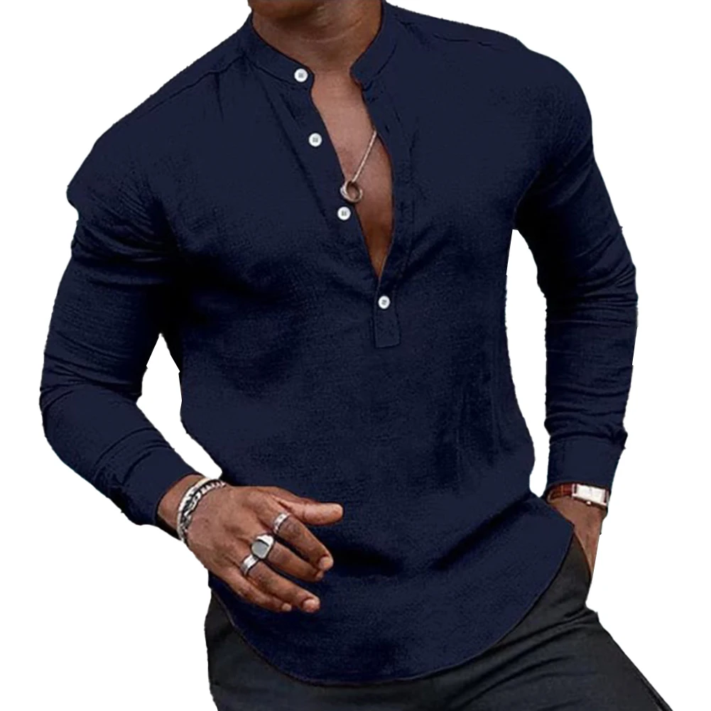 Henley camisa manga longa masculina, camisa regular de poliéster, decote em v, diário, casual, solta, primavera, verão, feriado, festa, inverno