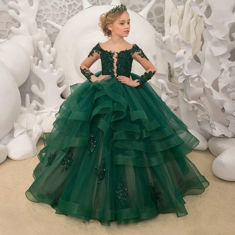 

Gorgeous Green Flower Girl Dresses Scoop Neck Appliqued Beaded Long Sleeves Girl Pageant Gowns Ruffle Tiered Sweep Train Birthda