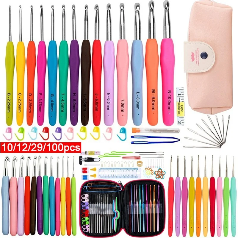 10/12/29/100Pcs Aluminum Crochet Hook Set Sweater Knit Weave Tools Set Knitting Sewing Craft Sewing Needle Set Kit