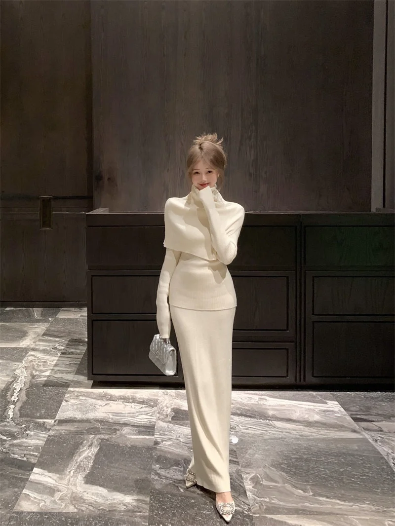 

Ele Lazy Sle Knitted Set High Collar Base Layer Top f Skirt Spring Faion Casual Women's Tee-Piece Suit