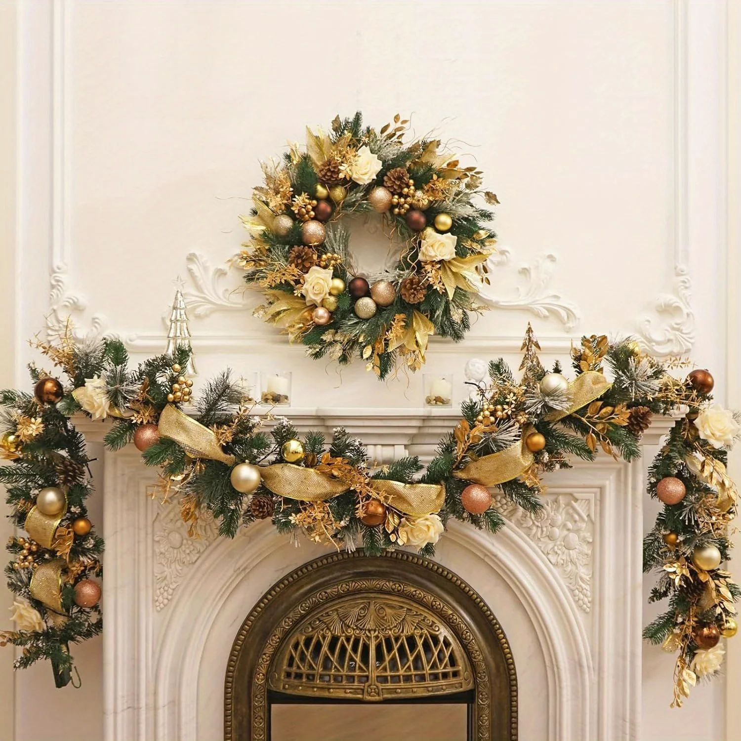 6-Foot Wreath With Lights, Artificial Decorations, Champagne, Pine Cones, Ribbons, Indoor And Outdoor Christmas Snow (Gold)