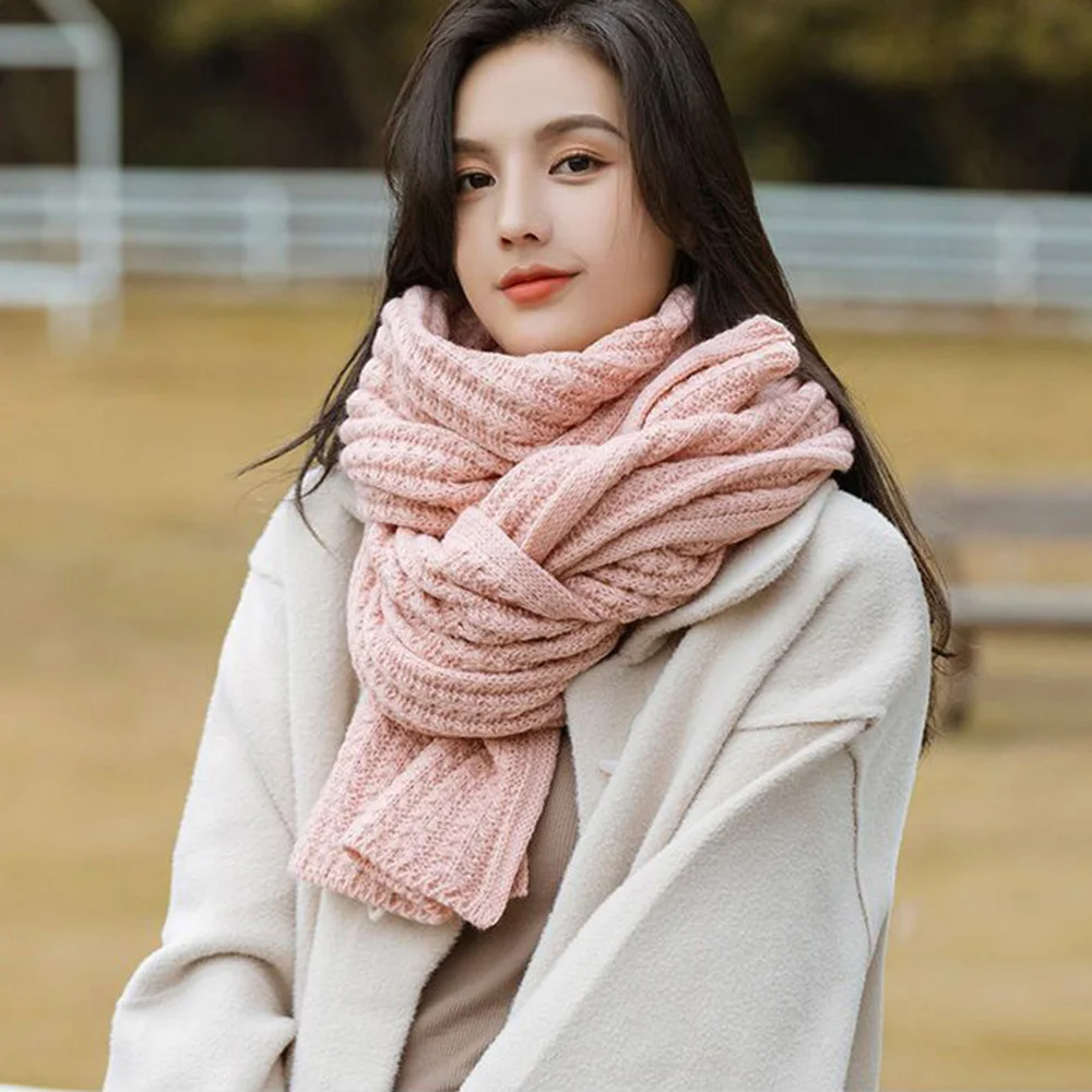 New Winter Warm Knitted Scarf Outdoor Thickened Thermal Neck Warmer Solid Color Long Scarves Windproof Women Neckerchief