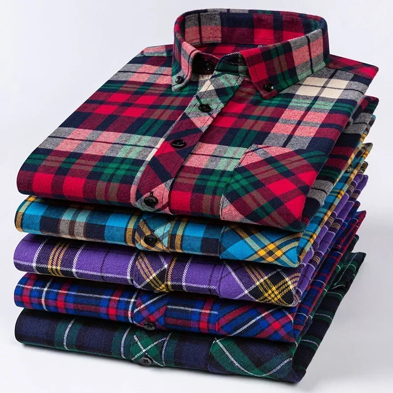 Autumn Winter Plaid Shirts Thick Flannel Shirt Standard-Fit for Men Long Sleeve Pure Cotton  Patch Pocket Design Young