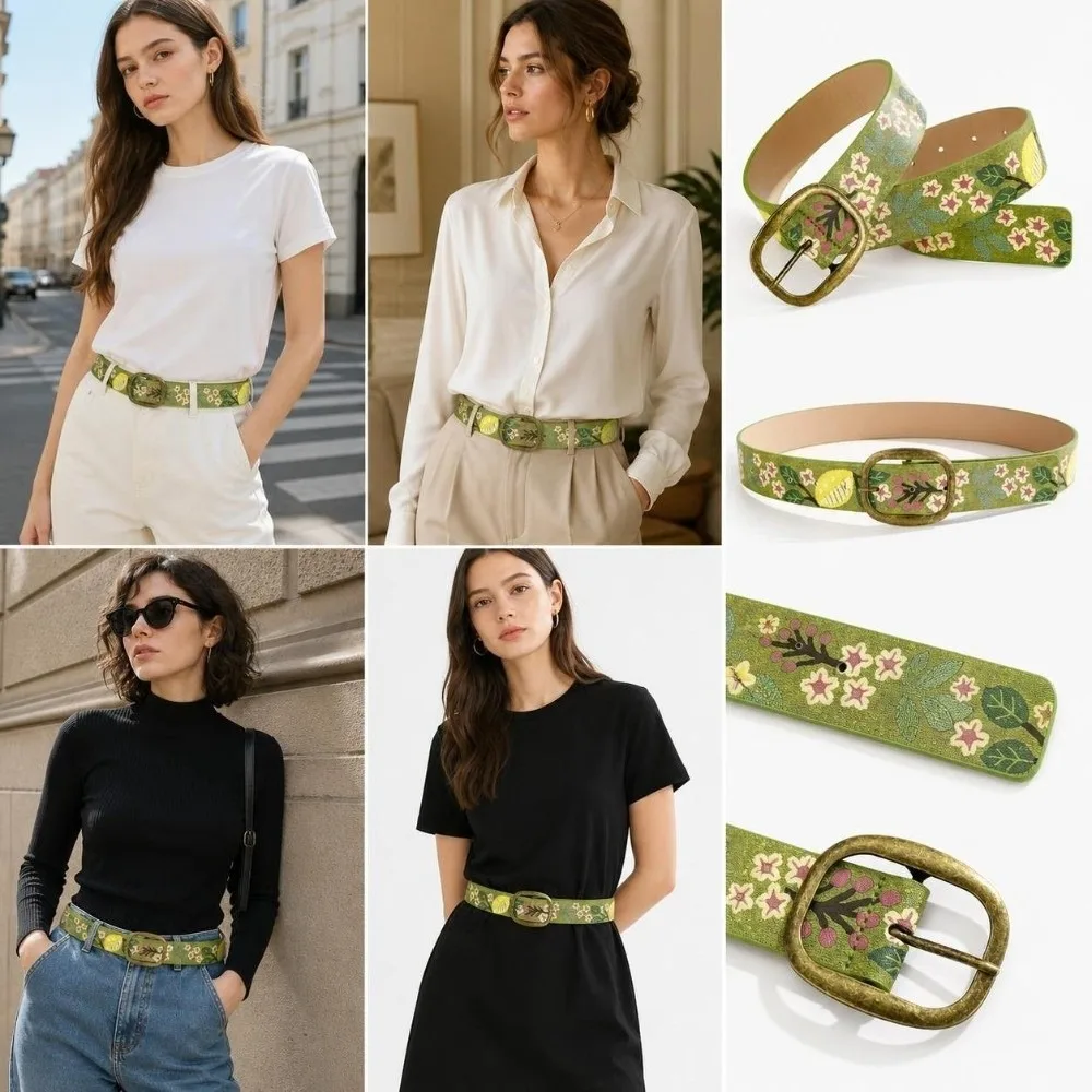 Antique Metal Buckle Canvas Waist Belt Pin Buckle Cottagecore Print Floral Print Belt Adjustable Green Floral Design