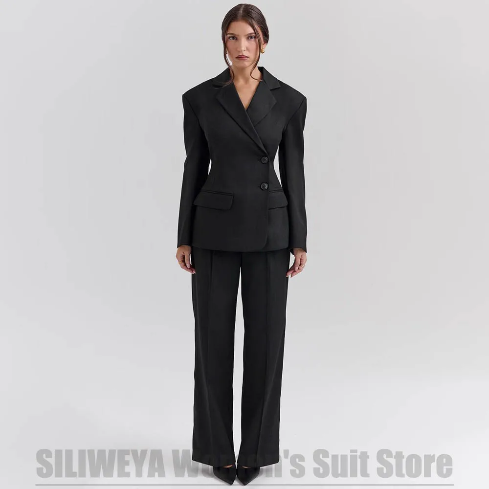 

Women's Black Suit 2 Piece Blazer and Wide-Leg Pants Set Tailored Notch Lapel Single Breasted Formal Party Evening Outfit
