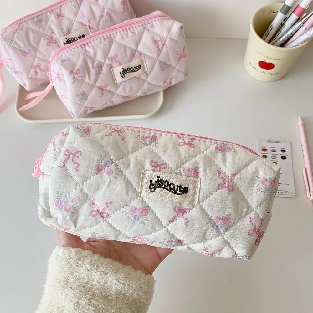 1pc Fashion Pink Bow Student School Stationery Study Pencil Case Cute Girl Large Capacity Storage Travel Makeup Bag Women's Gift