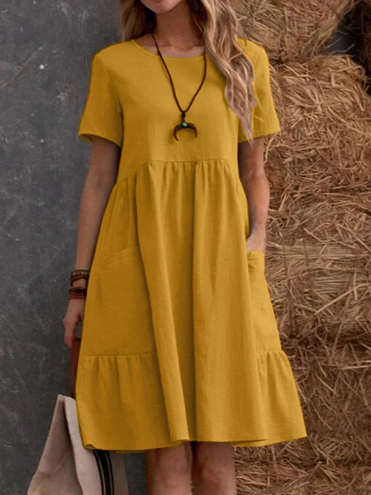 Casual Loose Solid Color Short Dresses For Women 2024 Summer Simple  A-Line Pocket Midi Dress Elegant Vintage Female Dresses