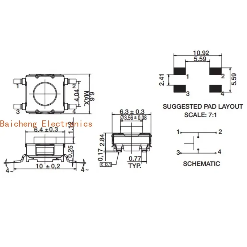 10PCS KT11P4SM patch 4-pin waterproof and dustproof touch button 6.6 * 6.4 micro switch