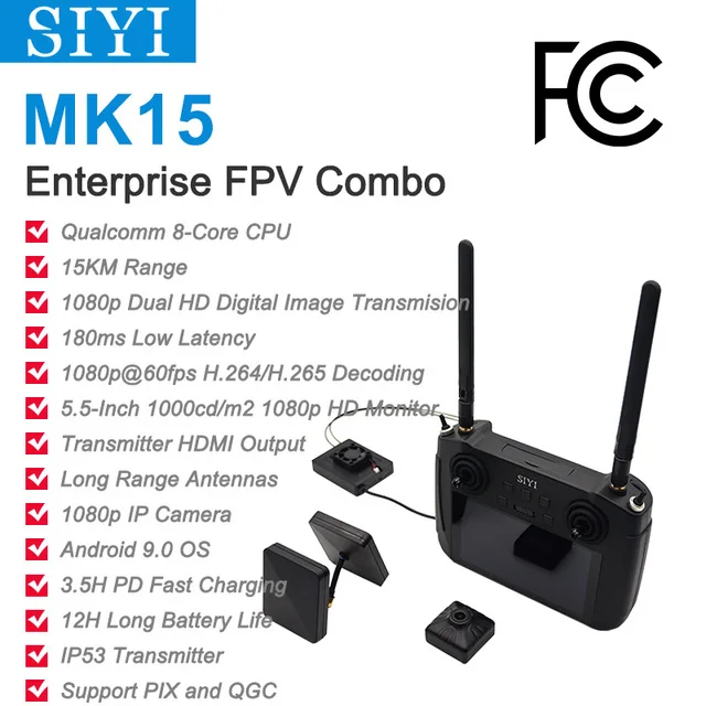 

SIYI MK15 Mini HD Handheld Radio System Transmitter Remote Control 5.5-Inch Monitor 1080p 60fps 180ms FPV 15KM FCC Certified