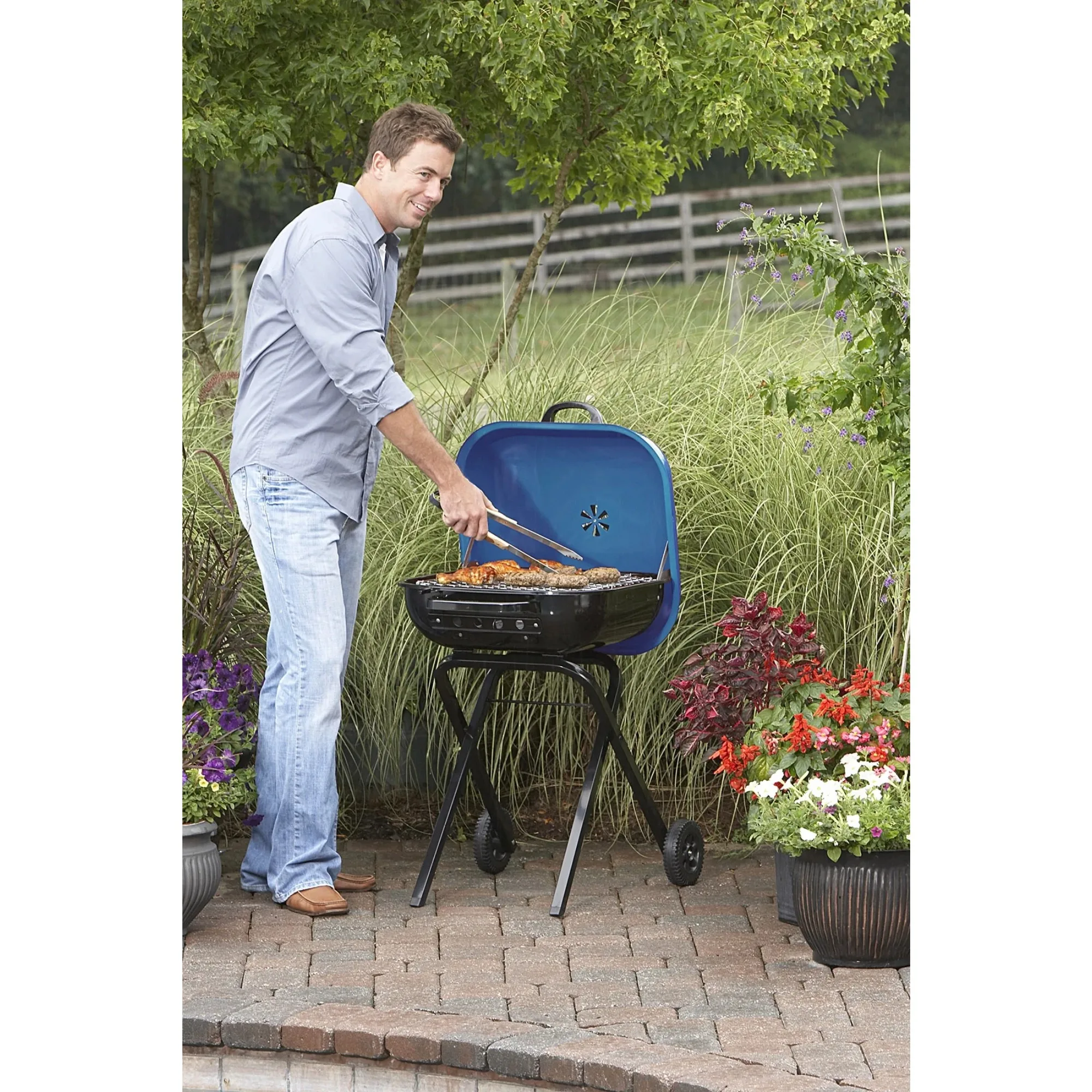 

Pre-Assembled Portable Steel Charcoal Grill in Blue，For outdoor use only