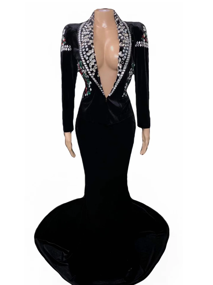 Robe longue noire à col en V profond en velours fz pour femmes, cristal brillant, sexy, traînante, célébrité, vêtements élégants, tenue de soirée pour chanteur