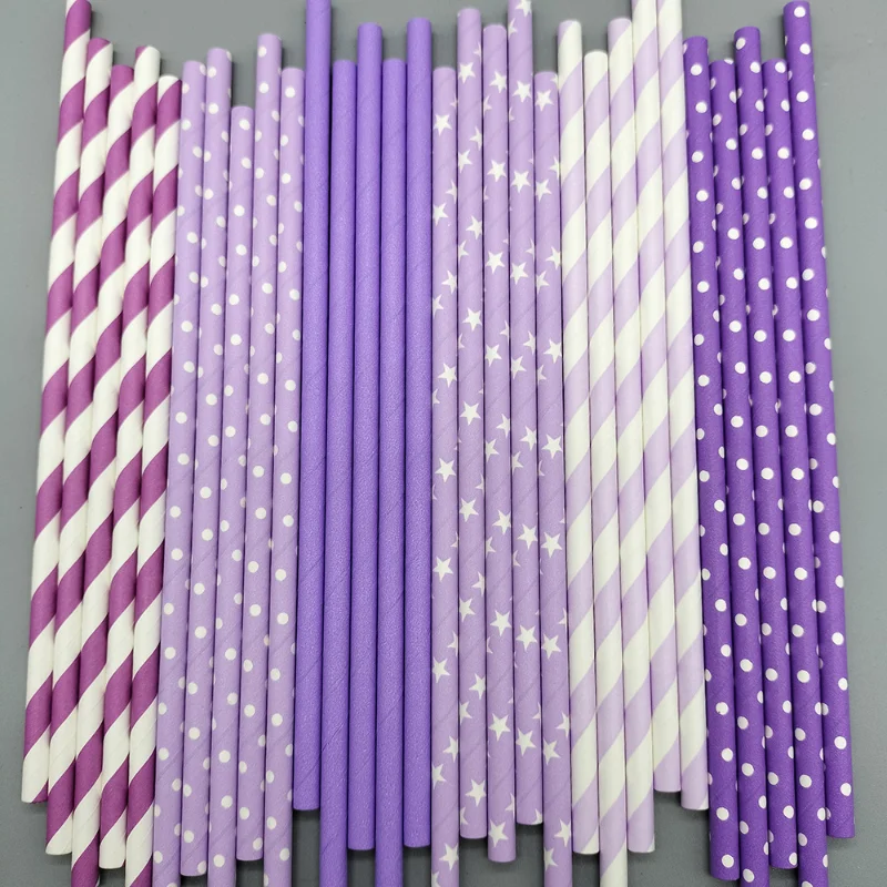 25Pcs Purple and Light Purple Stripe Dot Paper Straws for Birthday Wedding Decorative Party Event Drinking Straws Supplies