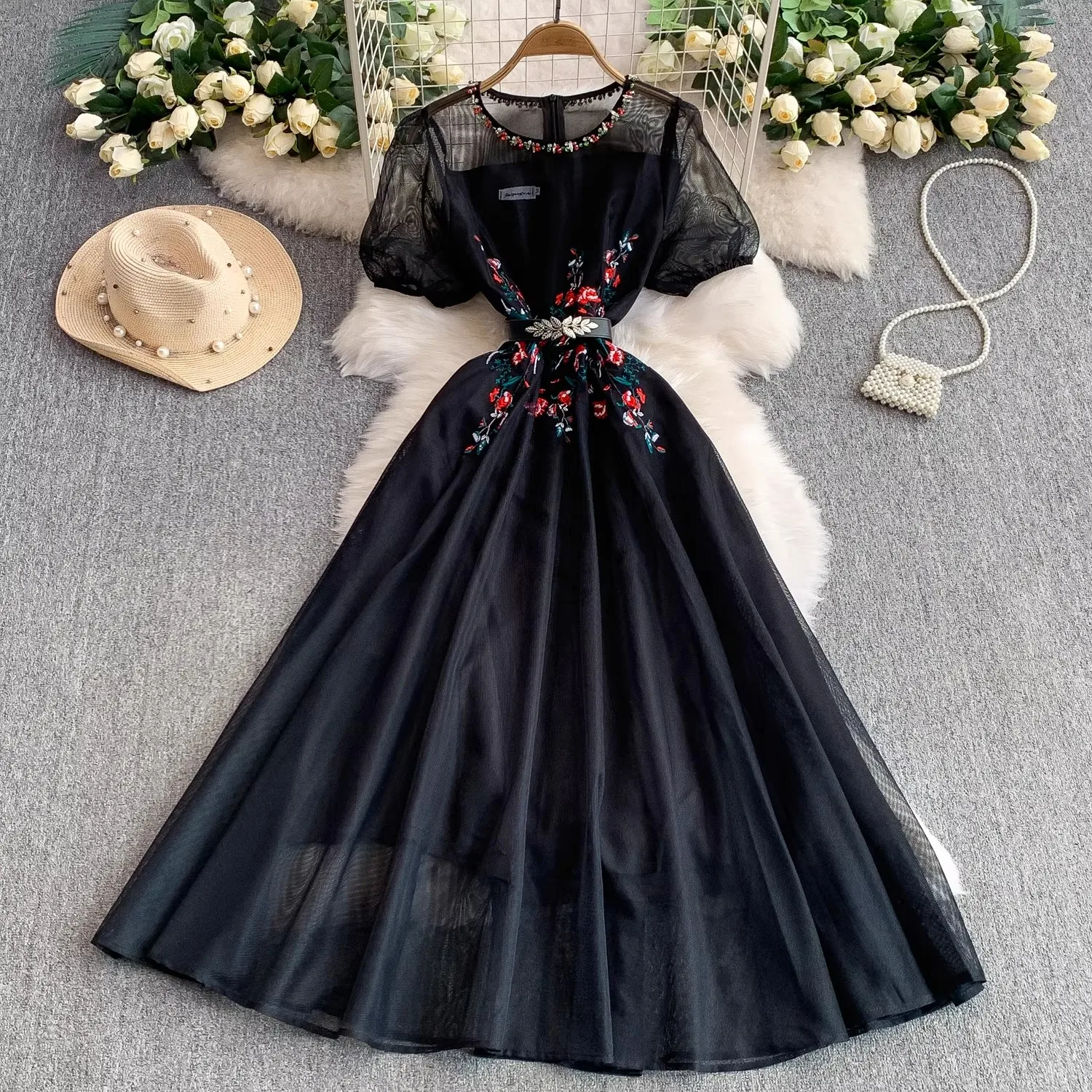 

Женское летнее платье с цветочной вышивкой, коротким рукавом, сетчатым поясом с кристаллами и стразами, роскошное вечернее/формальное длинное платье для подиума