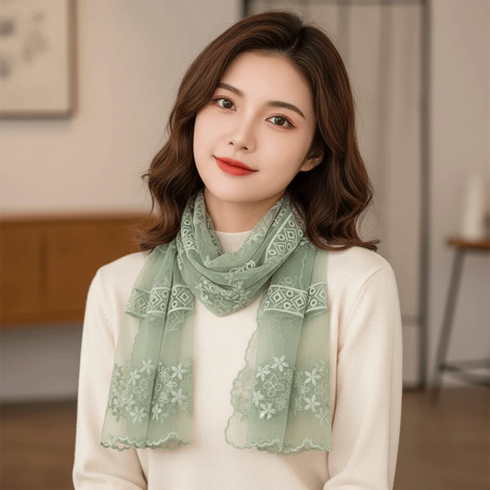 

Sweet Ribbon Embroidery Lace Scarf Printed Thin Flower Scarf Multifunction Neckerchief Lace Scarves Hair Accessories