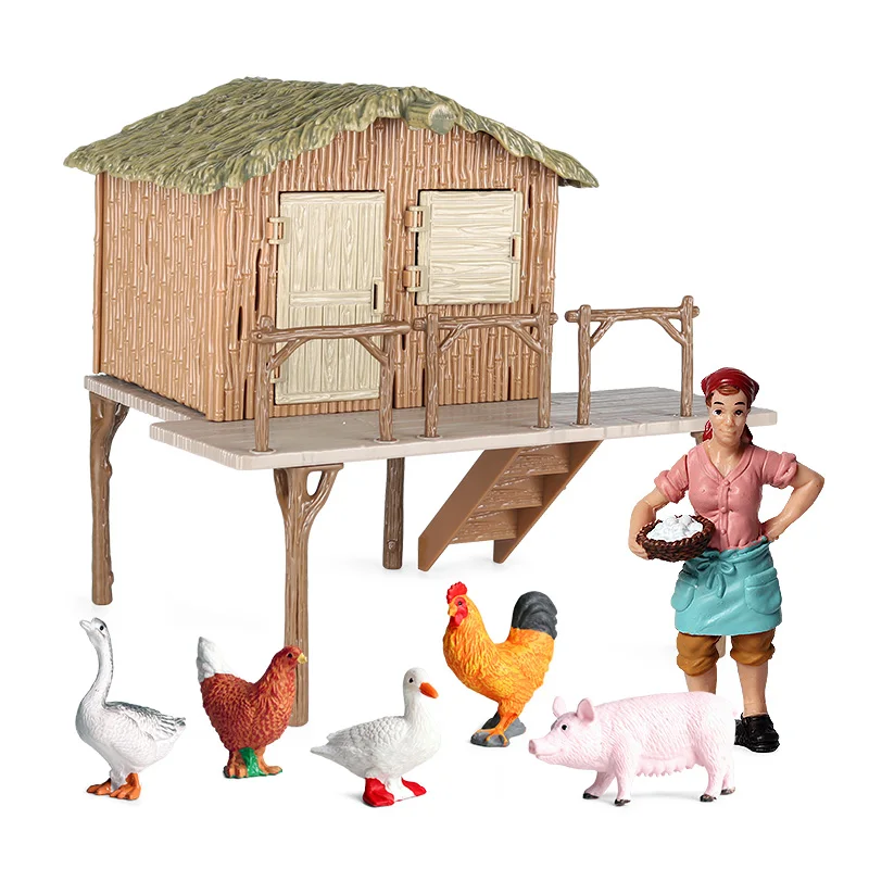 Oenux Farm House Model Action Figures Farmer Motorcycle Cow Hen Pig Animals Set Figurine Miniature PVC Cute Educational Kids Toy