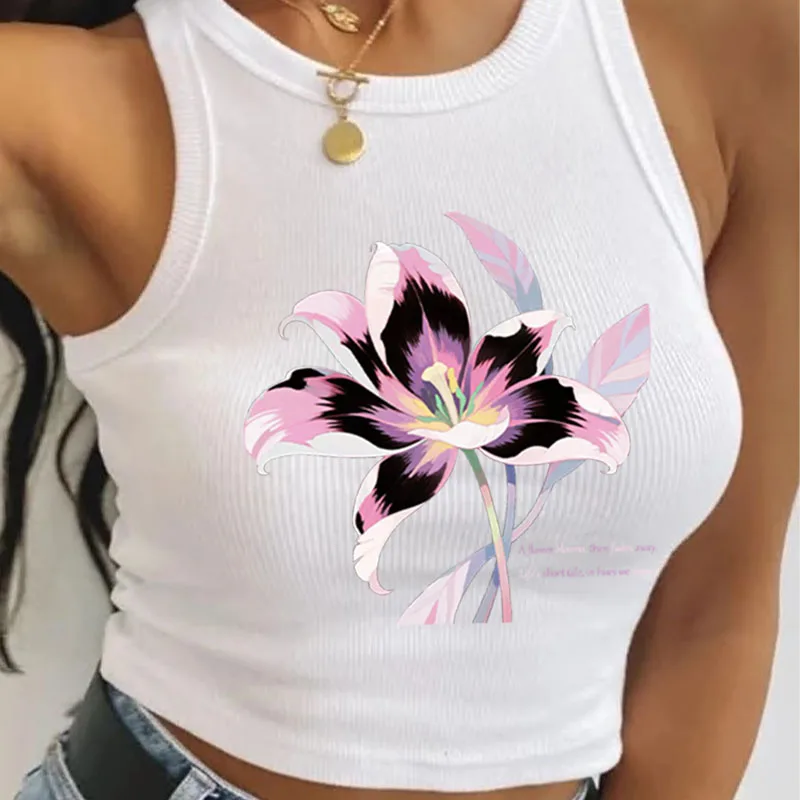 

Slim Fit Crop White Tank with American Vintage Pink - Purple Lily Print, High - Waisted Belly - Baring, Daily Spice Look