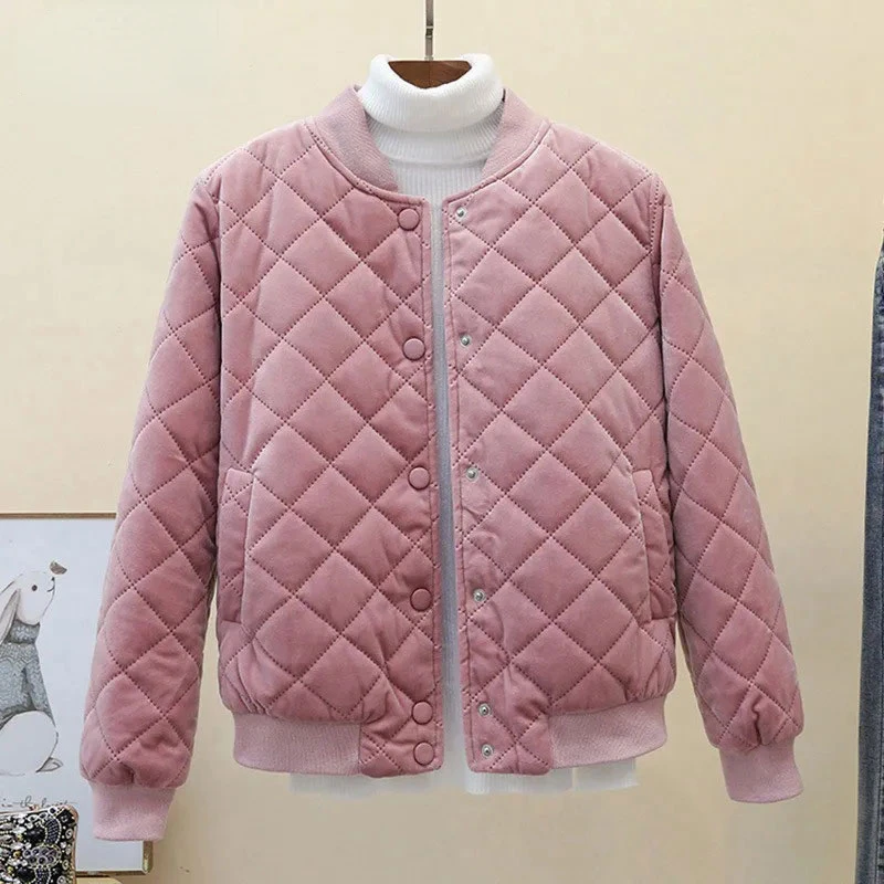 

Short Velvet Bomber Quilted Jacket Women Fall Winter Casual Thick Coat Pink Parka Street Single Breasted Cotton Chaqueta N156