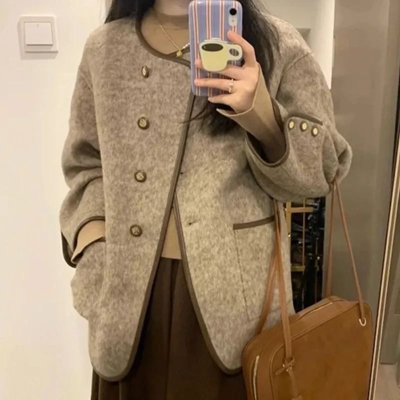 Wool Blend Coat for Women Short Plain Half Long Sleeve Elegant Mixtures Jacket Woman Fashion 2025 Winter Clothes Single Cheap