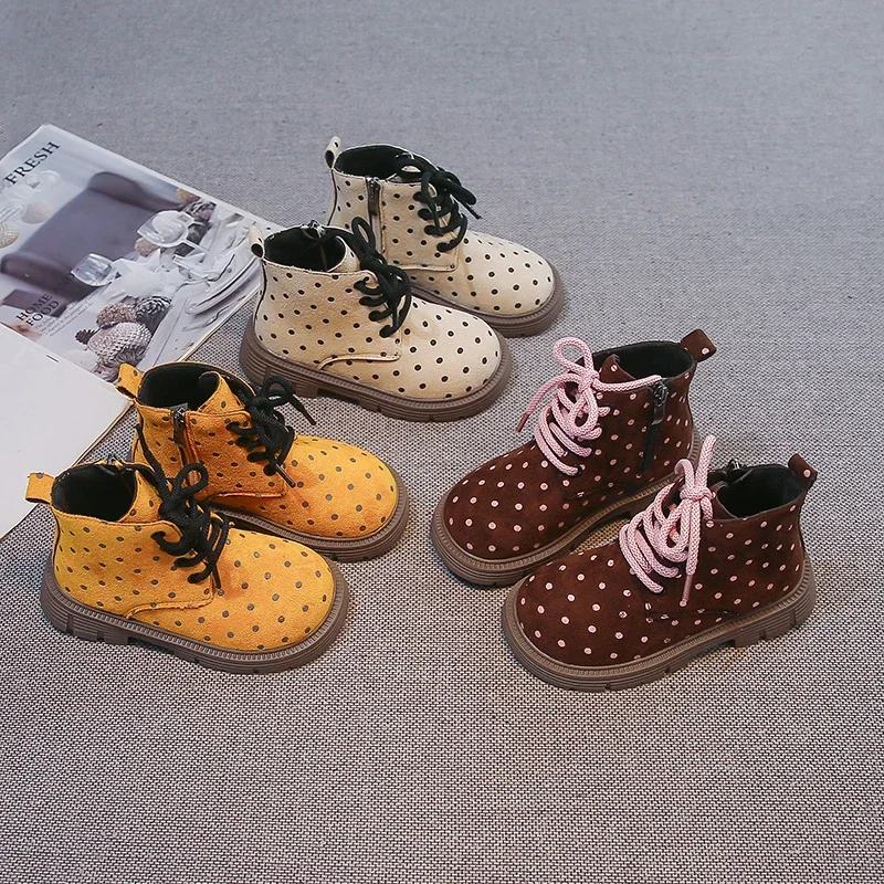 Toddler Girls Polka Dot Ankle Boots, Side Zipper Lace Up Winter Shoes, Non Slip Thick Sole Casual Short Boots for Daily Outdoor