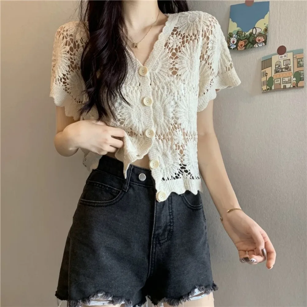 Fashion V-Neck Crochet Top Open-knit Short Sleeve Embroidery Blouse Boho Style Cardigan Summer