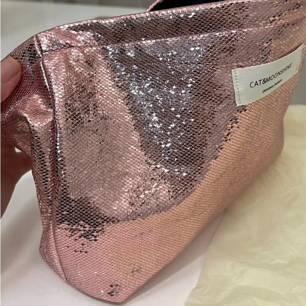 Portable Shiny Sequins Makeup Bag Champagne Silver Cosmetic Bag Solid Color Toiletries Skincare Storage Bag Travel Makeup Bag