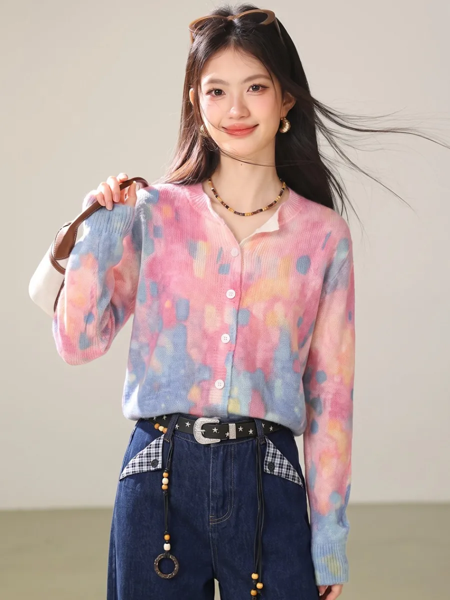 Soft Knitted Tie Dye round Neck Open Cardigan Women's Autumn Gentle Gradient Loose Long Sleeve Thin Soft Sweater Jacket