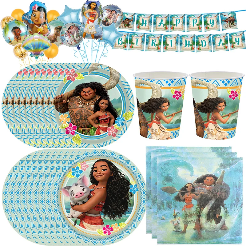 Disney Moana Birthday Decoration Party Tableware Kit Baby Moana Theme Balloons Cup Plates Backdrop Banner Birthday Deco Supplies