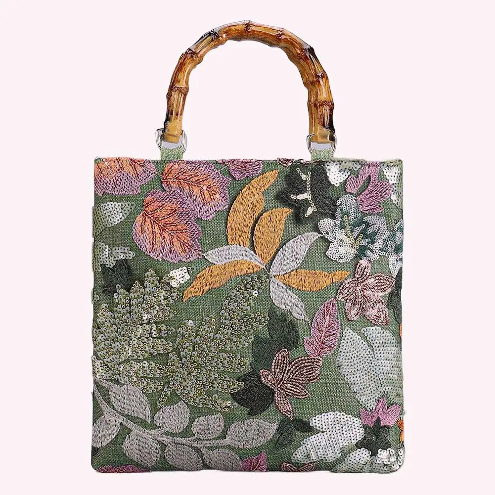 

Floral Embroidery Sequin Handbag Bamboo Handle Summer Beach Bag Shopper Purse for Women Work Shopping Travel