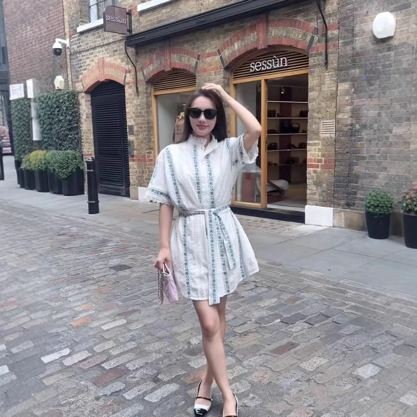 

Vaion Sle ort Sve Slim Fit Dr Cotton Cross Stitch Collar Tie Waist Straight Cut Midi Dr for Middle-Aged Women