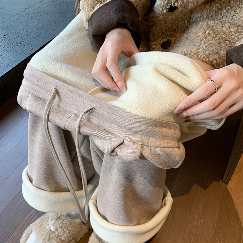 Pantaloni a gamba larga dritti a vita alta Donna Autunno Inverno Addensare Peluche Pantaloni caldi in peluche Donna Pantaloni casual larghi con lacci Donna