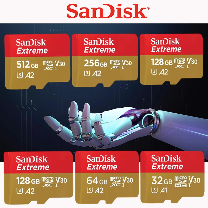 SanDisk Extreme A2 U3 V30 MicroSDXC Card 32GB 64GB 128GB 256GB 512GB High Speed Read Write TF Memory Card