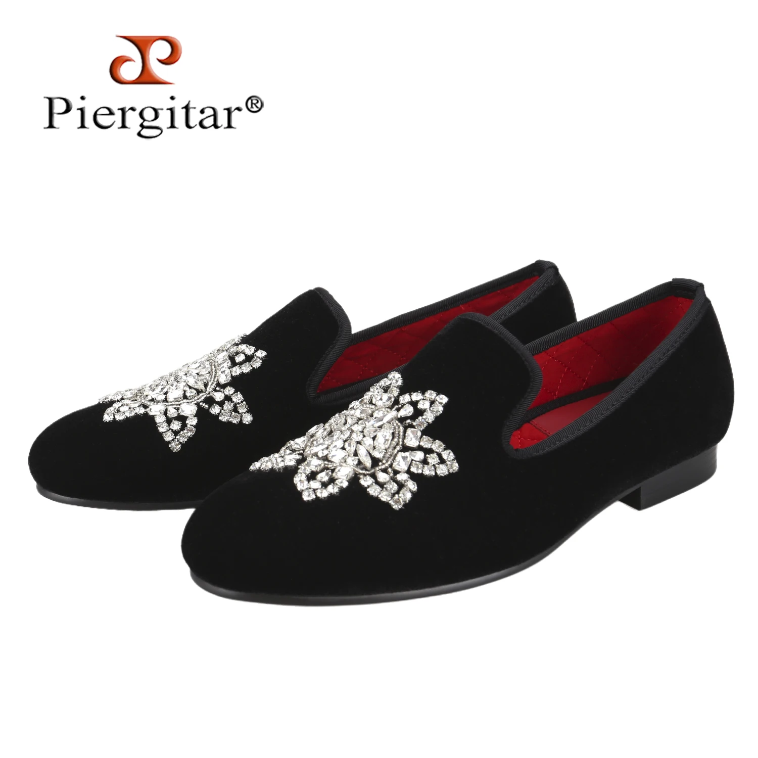 Piergitar New Style Black Velvet Slip-On Loafers With Handmade Silver Rhinestones Buckle For Fashion Party Men's Casual Shoes