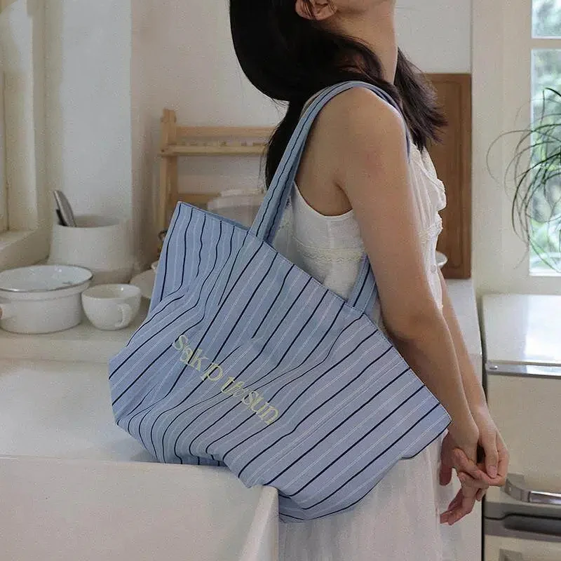 2024 Fashion Stripe Handbag Letter Printing Cotton Single Shoulder Bag Casual Extra Large Capacity Handheld Shopping Bag