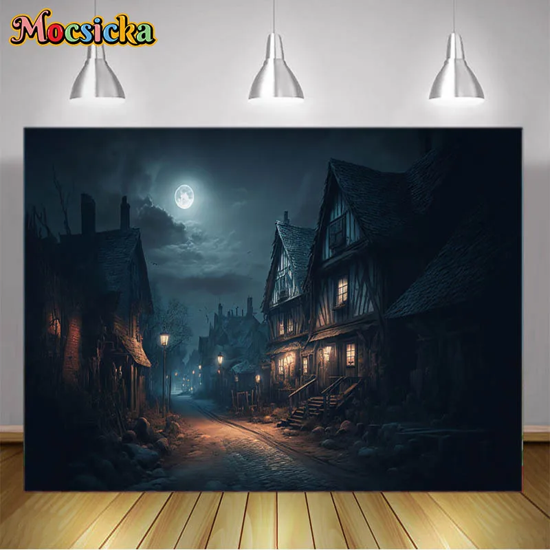 

Halloween Night Background with Haunted House Night Dark Fantasy Village Moonlight Spooky Backdrop for Photography Photozone