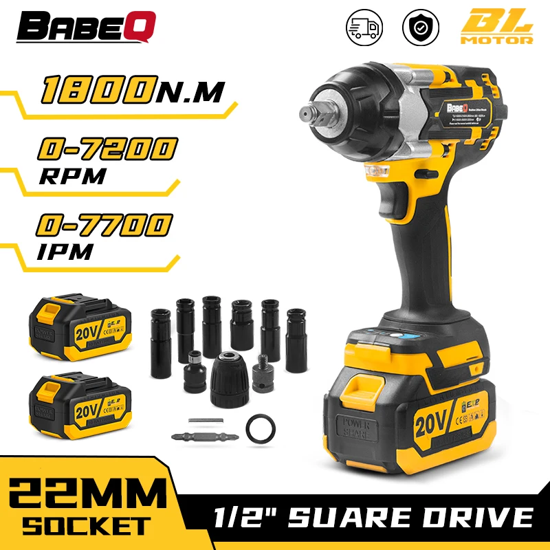 

BABEQ 1800N.M Torque Brushless Electric Wrench 3 Gears Cordless Impact Wrench with 1/2 Inch Socket Power Tool 20V Li-lon Battery