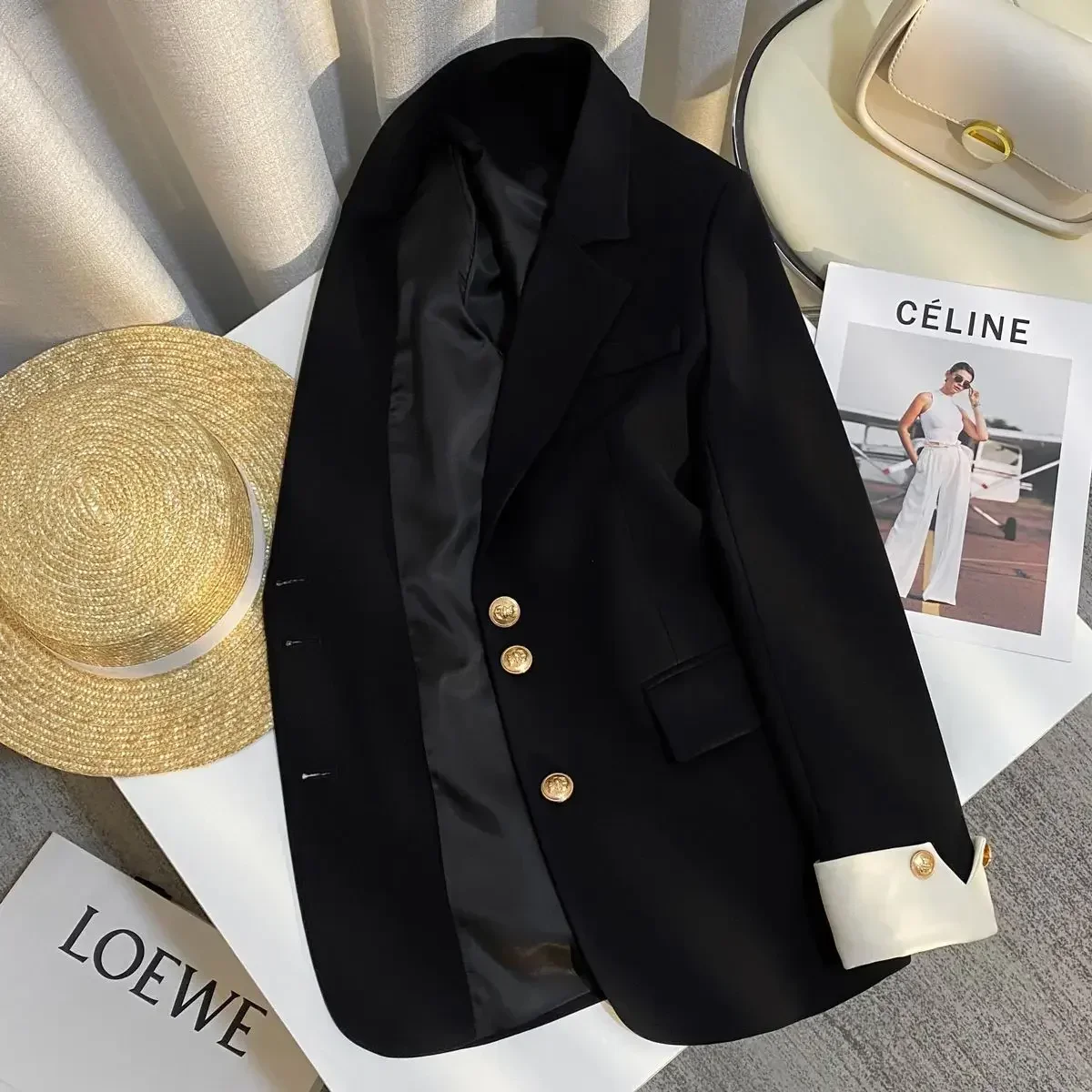 Kimotimo Blazer Women Autumn Winter Notched Collar Patchwork Long Sleeve Metal Button Jackets Korean Fashion Loose Tailored Coat