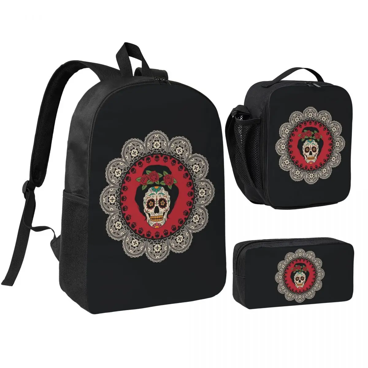 

Mexican Skull Woman Backpack Boys Girls BookBag School Bag Shoulder Bags 3ps Insulated Lunch Bag Pencil Case