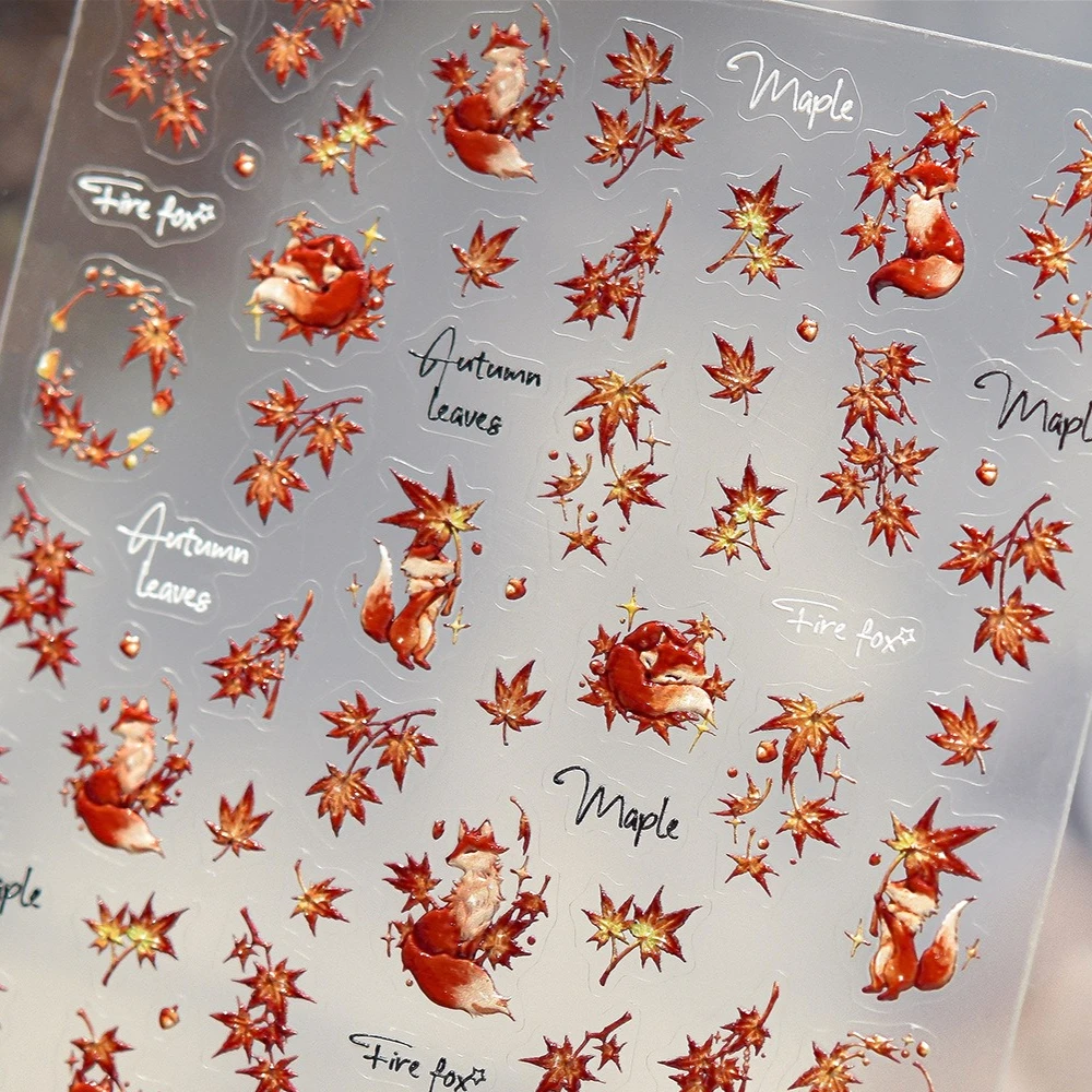 

Autumn Maple Leaf Red Fox Lovely 5D Embossed Self Adhesive Nail Art Stickers Rabbit Mushroom Animals Fall Cute Manicure Decals