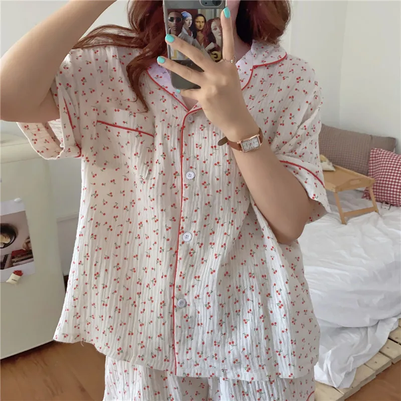 Cherry Print Summer Pajamas Set Cotton Sweet Two Piece Home Suit Kawaii Ins Sleepwear Casual Home Suit Shirts + Shorts
