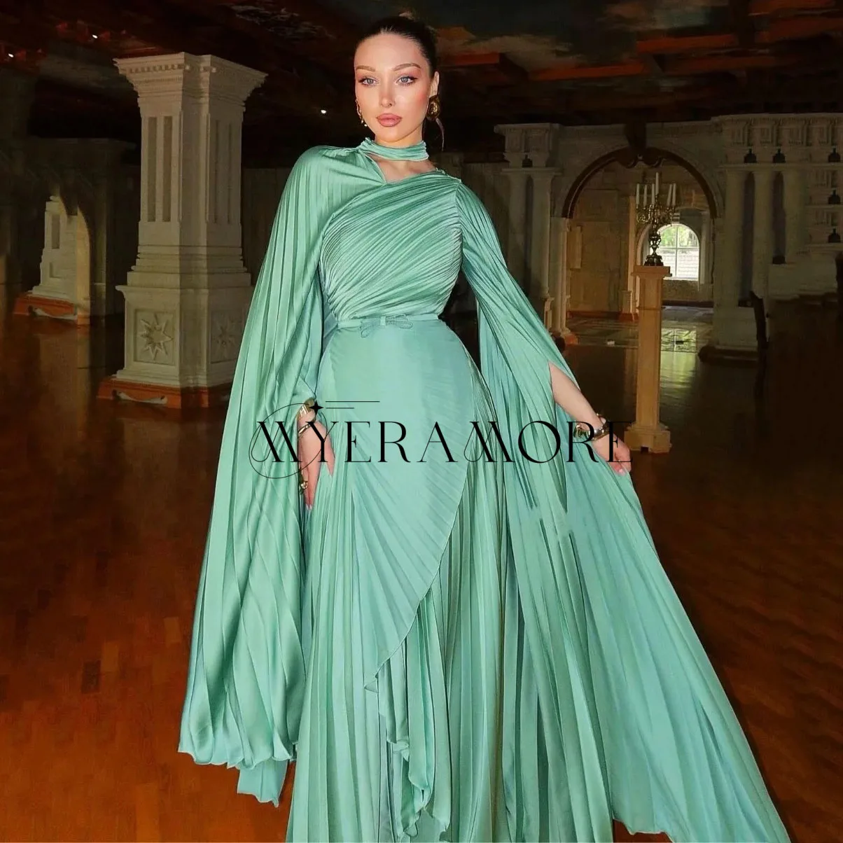 High Quality Green V-Neck Evening Dresses Long Sleeves A-Line Pleat Prom Dresses Customized robes de soirée