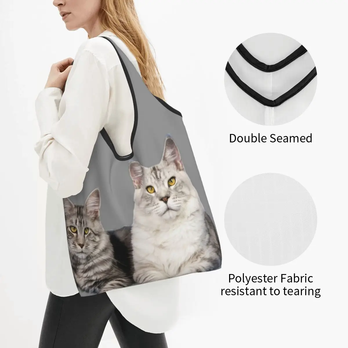 Maine Coon Cat Tshirt Portable Tote Shopping Bags Large Capacity Shopper Bag Groceries Handbag Shoulder Bag