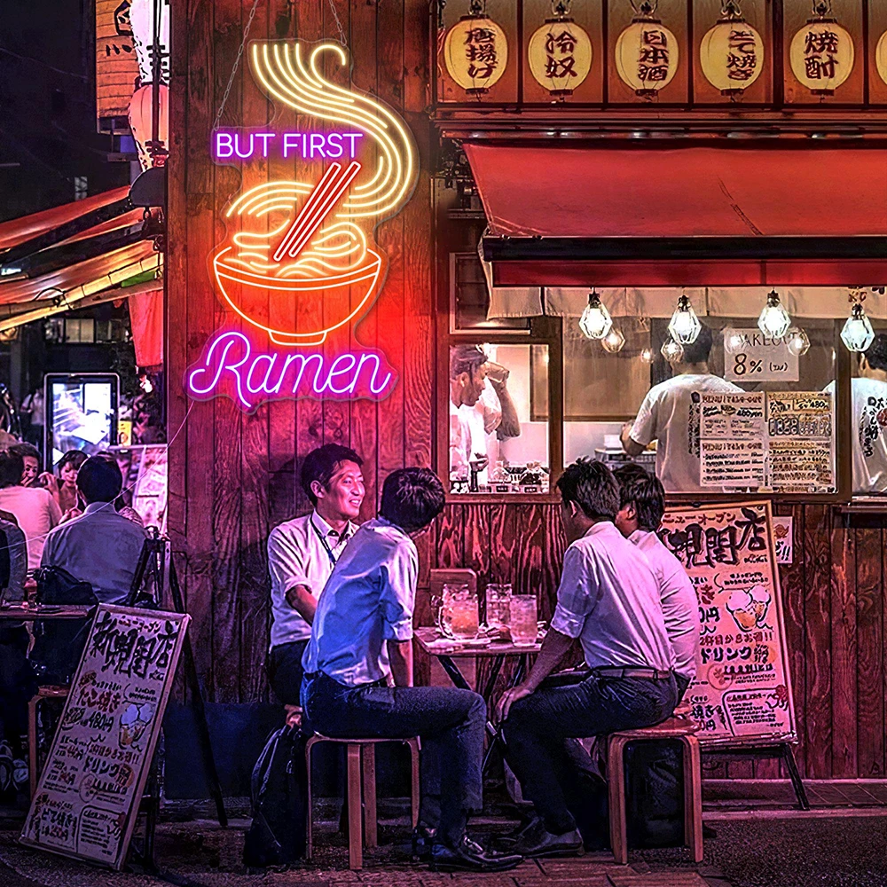 Maar Eerste Heerlijke Vliegende Noedels Neon Bord Japanse Ramen Kom Bord Custom Restaurant Keuken Decor Neon Licht Voedsel Winkel Decor