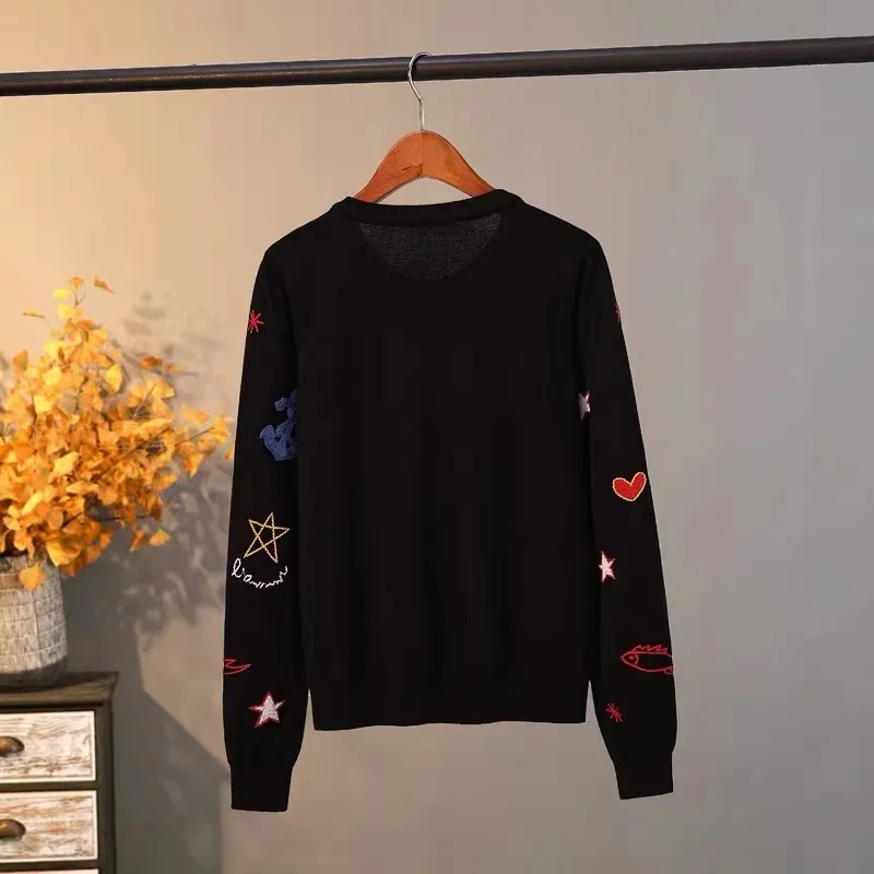 Cartoon Embroidery Sweater Women Autumn New Long Sleeve Knitted Cardigan Jacket Top Femme Knitwear Mujer Leisure Pearls Jumper