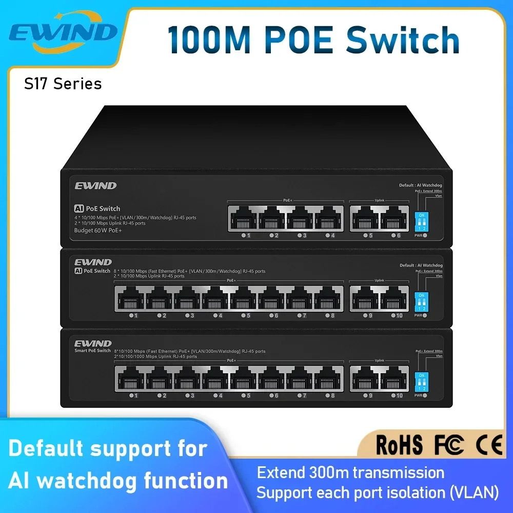 محول شبكة إيثرنت، 4 أو 8 منافذ، 120 وات، VLAN، 8x100M + 2 x منفذ RJ45، iEEE 802. 3AF/في المحور