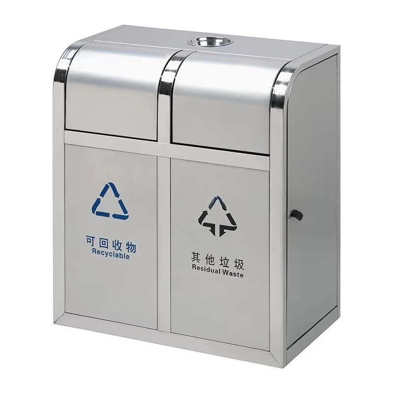 Large Outdoor Stainless Steel 2 Bin Trash Can with Lid Premium Metal Garbage Can for Waste Management