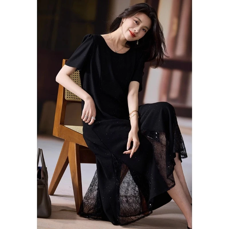 

Новое модное кружевное длинное платье с короткими рукавами, женское летнее свободное платье «рыбий хвост», новинка 2025 года, стильное элегантное черное платье