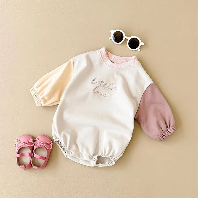 Autumn Baby Girl Clothes Newborn Toddler Boy Jumpsuit Letter Embroidery Long Sleeve Splicing Colors Bodysuits Rompers Baby