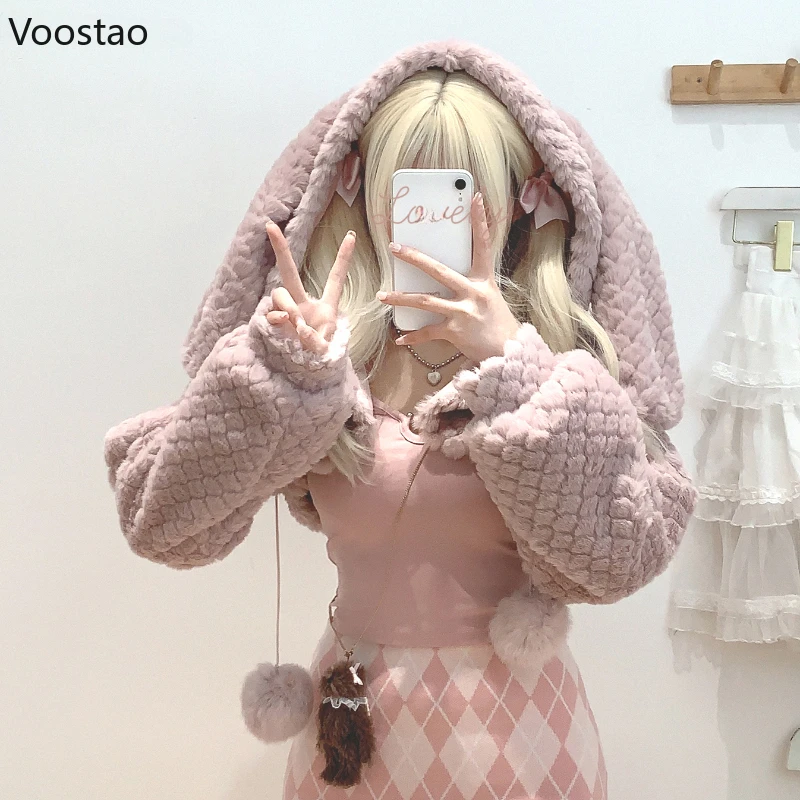 Vintage Bear Bunny Ears Hooded Coats Women Sweet Y2k Cute Plush Ball Warm Cardigan Short Jackets Female Korean Chic Outwear Tops