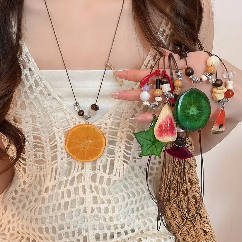 Minar Funny Multiple Real Dye Kiwi Dragon Fruit Watermelon Orange Fig Pendant Necklaces for Women Long Adjustable Rope Chain
